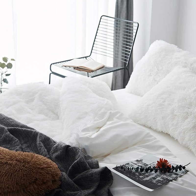 MorroMorn 5 PCS Shaggy Duvet Cover Bedding Set - Long Faux Fur Luxury Ultra Soft (White, Full/Queen) - Image 3